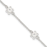 Sterling Silver Cable Chain/Flowers 5-Station 9 inch Plus 1 inch Extender - Total 10 inch Anklet